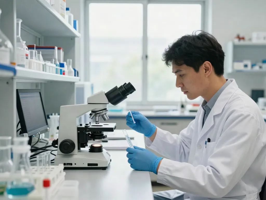 Buy tesamorelin peptide in a professional lab setting with researchers analyzing samples.