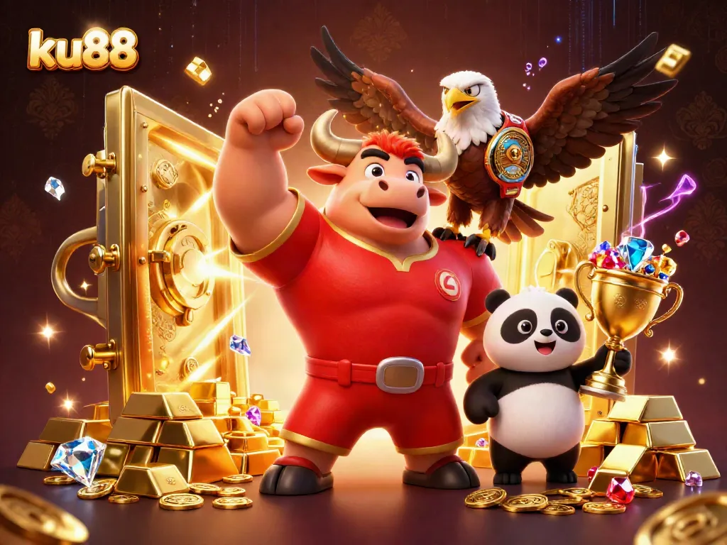 ku88 captures the thrill of winning with a vibrant 3D casino scene featuring a triumphant bull mascot.