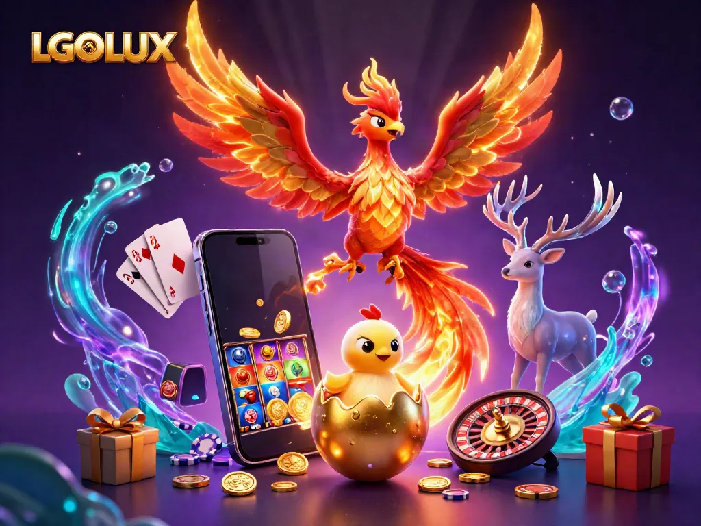 Play and win with LGOLUX, featuring a fire phoenix, baby chick, and mystical stag in a dynamic casino scene.