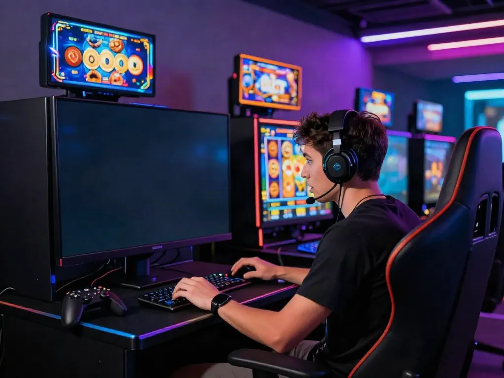 Player enjoying a PG SLOT game in an energetic gaming setup with colorful visuals.