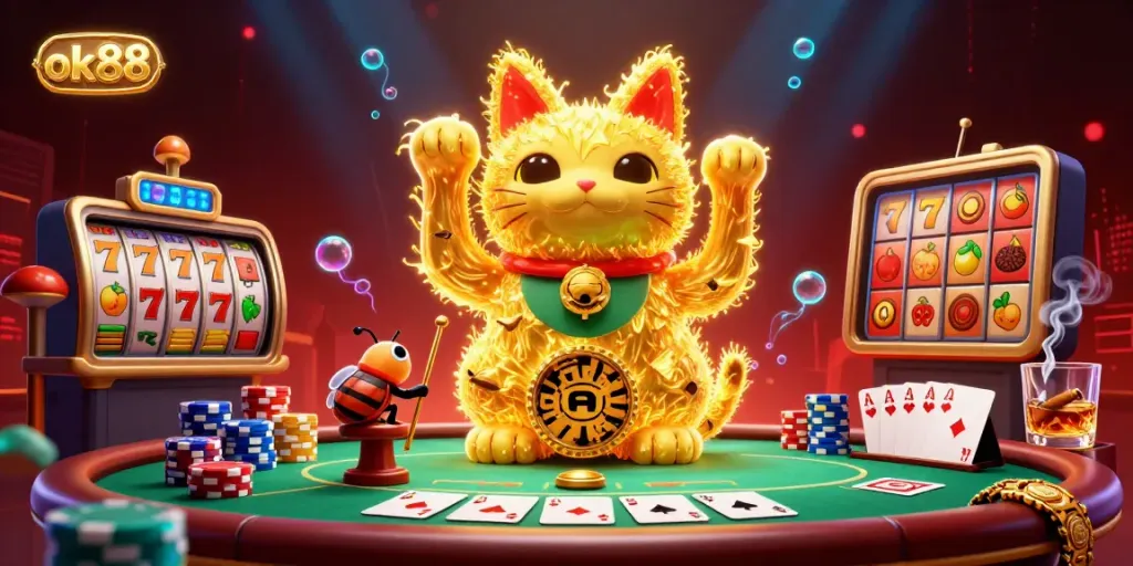 Experience the excitement of ok88 with a vibrant illustration of a lucky cat and casino elements.