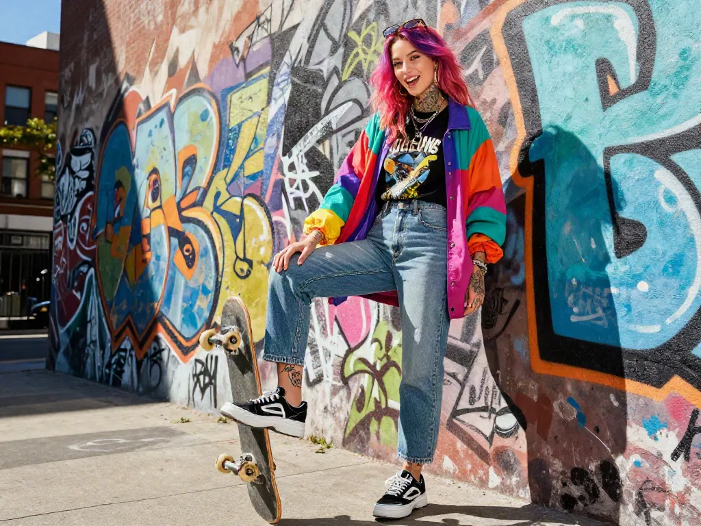 Ellie Nova xxx in trendy urban streetwear against vibrant graffiti wall, conveying youthful style.