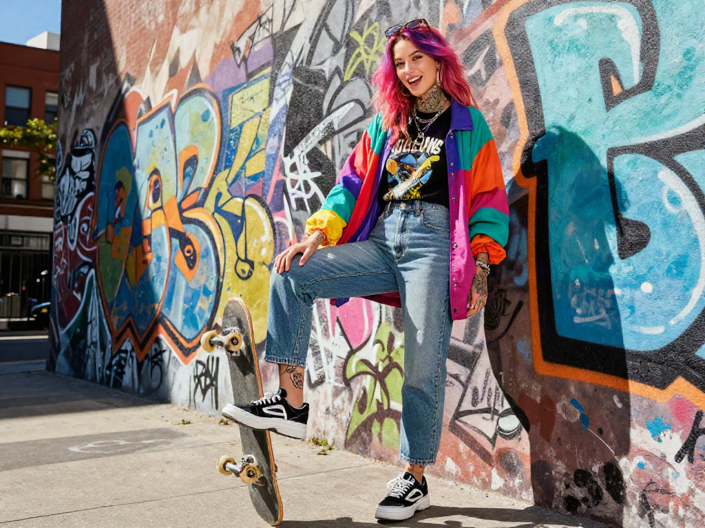 Ellie Nova xxx in trendy urban streetwear against vibrant graffiti wall, conveying youthful style.