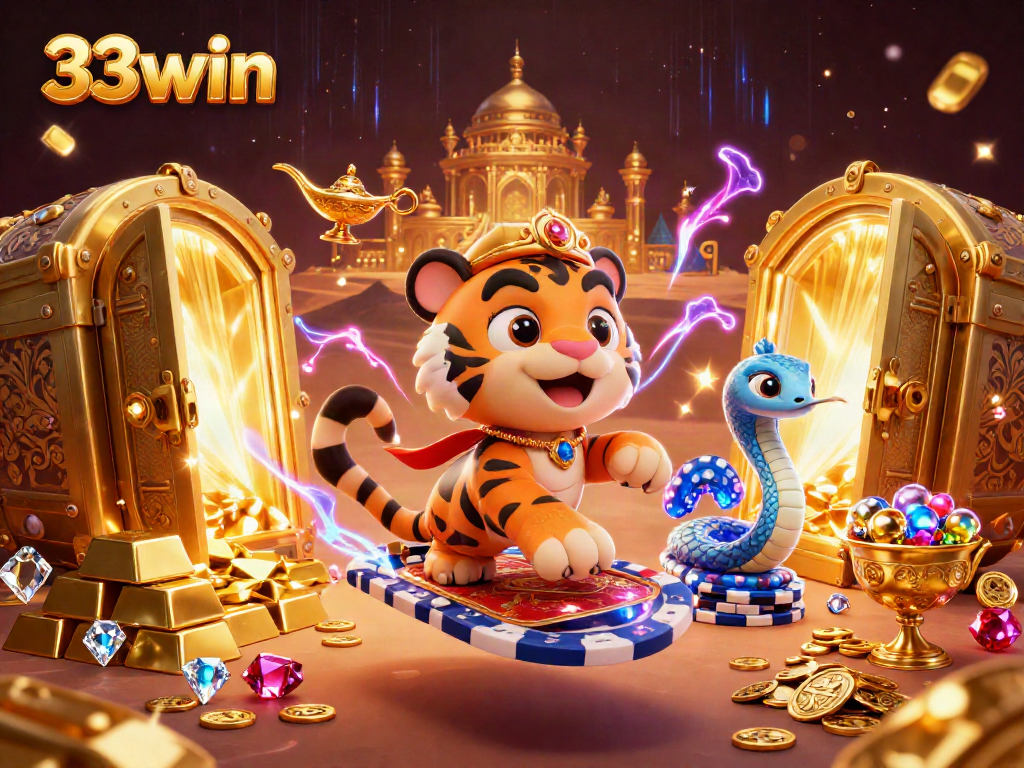 Engage in the thrill of gambling with 33win, featuring a tiger sultan surrounded by a wealth of treasures.