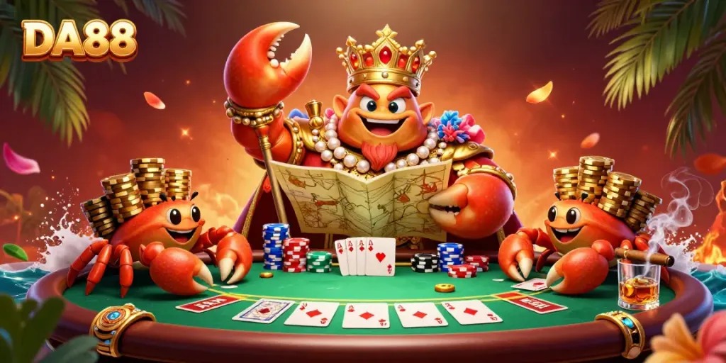 Engage with DA88's vibrant casino scene featuring a golden crab emperor amidst piled poker chips and community cards.