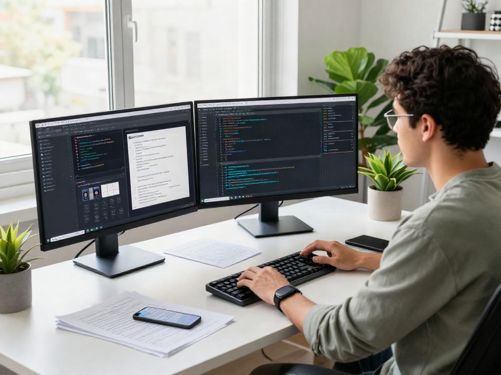 Developer engaging with an nsfw chat bot interface in a modern tech workspace.