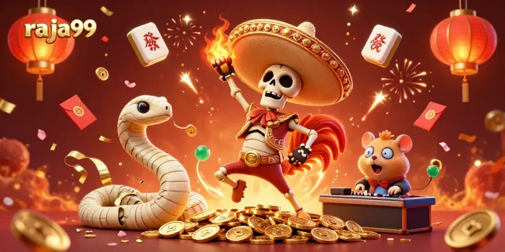 Celebrate big wins with raja99, featuring vibrant gaming characters in a festive casino backdrop.