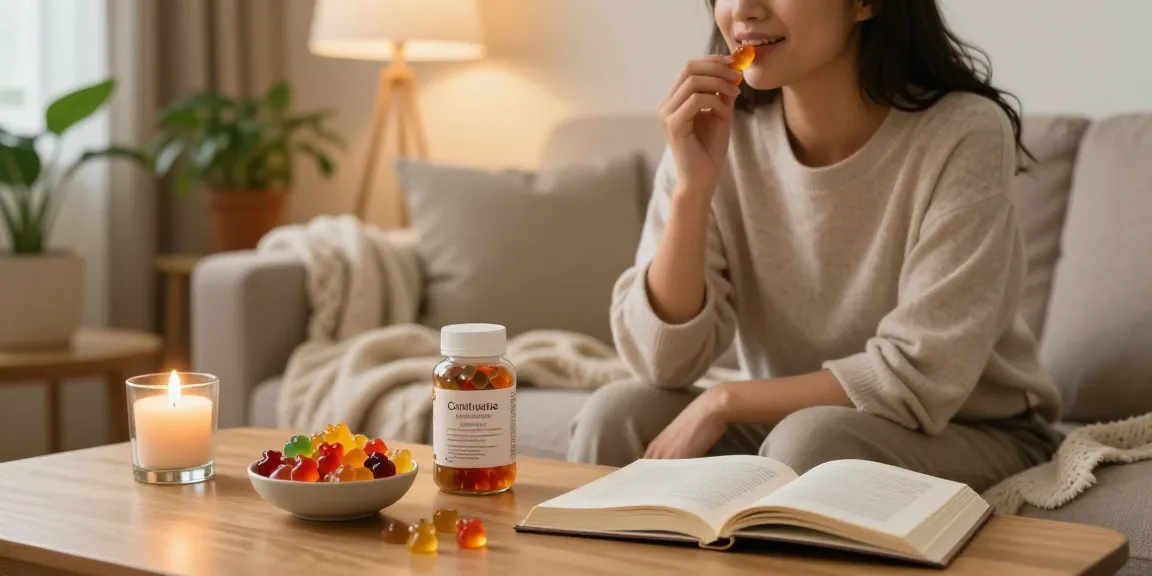 Person enjoying cbd gummies in a cozy living room with calming ambiance.
