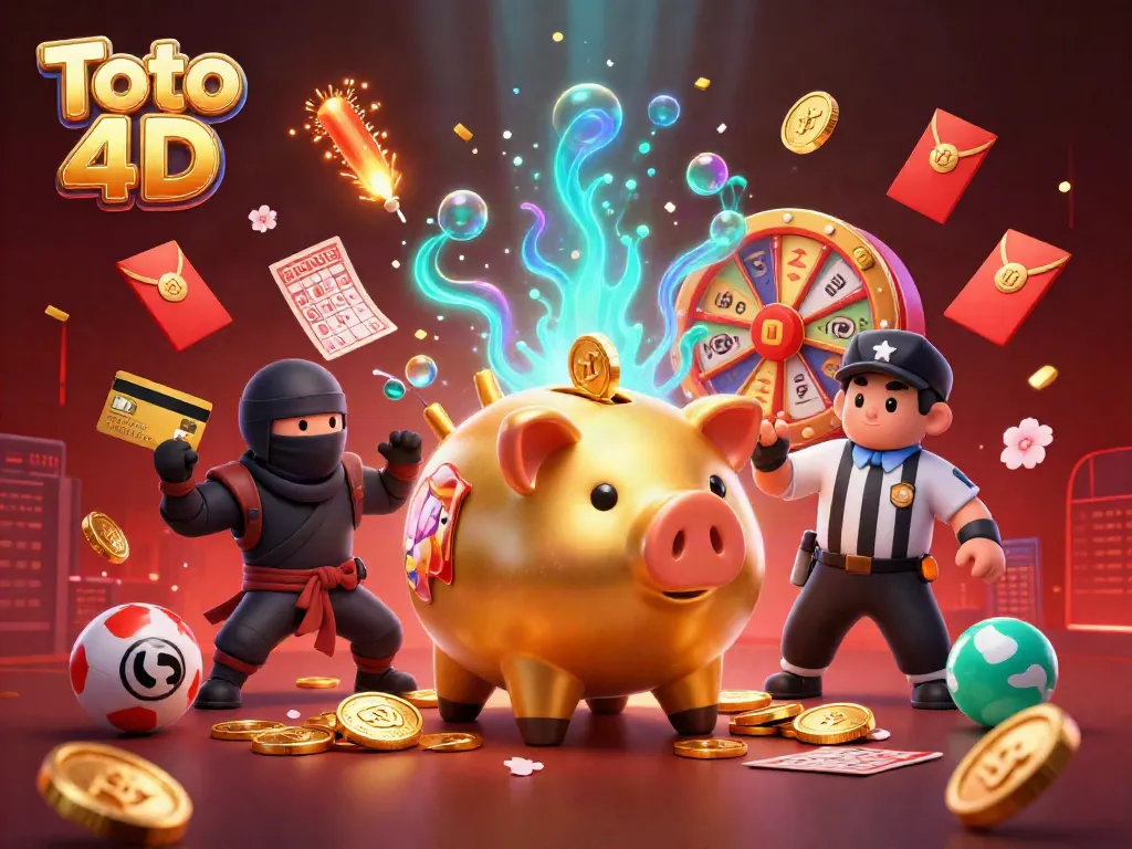 Mencoba peruntungan dalam Toto 4D dengan celengan sumo emas dan karakter unik dalam adegan berwarna cerah.