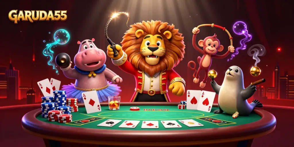 Experience excitement at GARUDA55 with a vibrant casino-themed digital illustration.