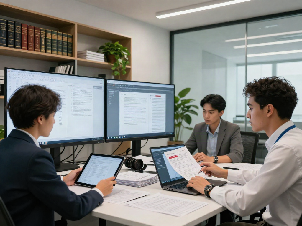 Team conducting document fraud detection analysis in professional office, ensuring document authenticity