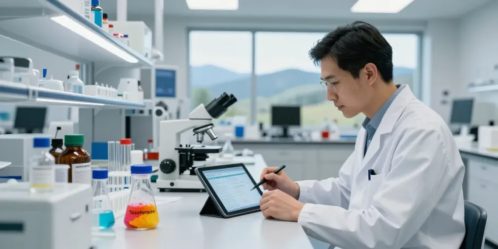 Scientist examining Tesofensine for sale in a modern laboratory setting.