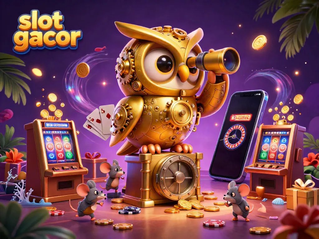 Experience slot gacor excitement with an enchanting 3D casino scene featuring a golden owl and lively characters.