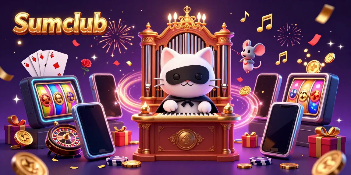 Experience thrilling gameplay with Sumclub's vibrant casino scene featuring a masked cat and gaming elements.