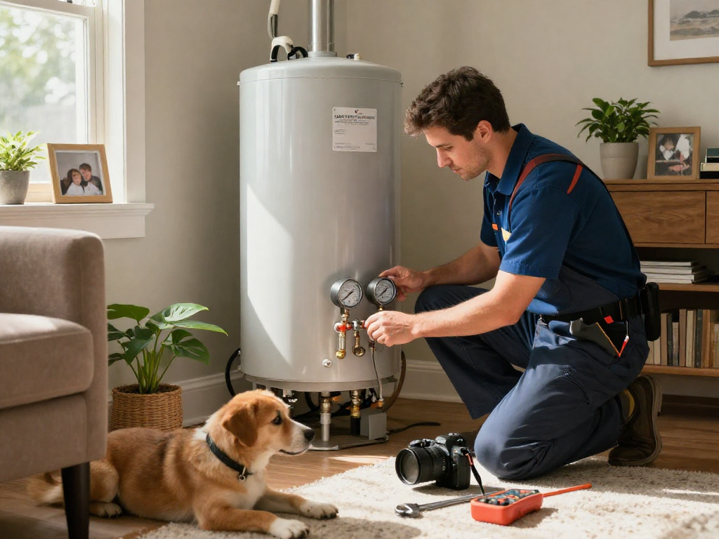 Professional plumber Fort Worth inspecting a home's water heater, showcasing tools and an inviting living room.