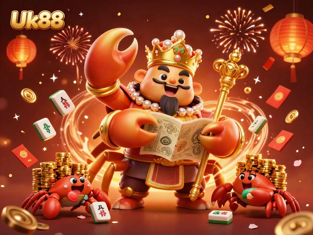 Experience the excitement of Uk88 casino with a golden crab emperor amidst vibrant gaming elements.