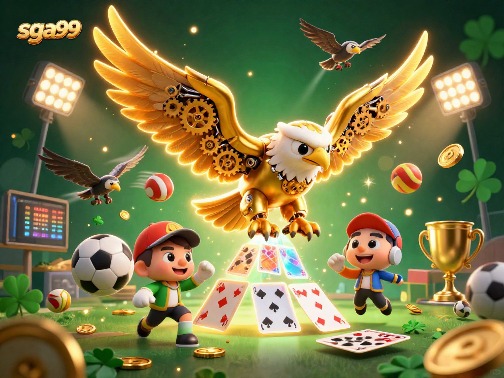 Savor the excitement at sga99 with a cybernetic golden eagle soaring through holographic cards.