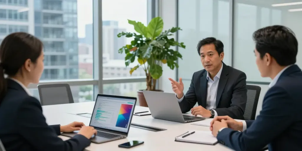 Michael Rustom Toronto consulting with clients in a modern office setting.