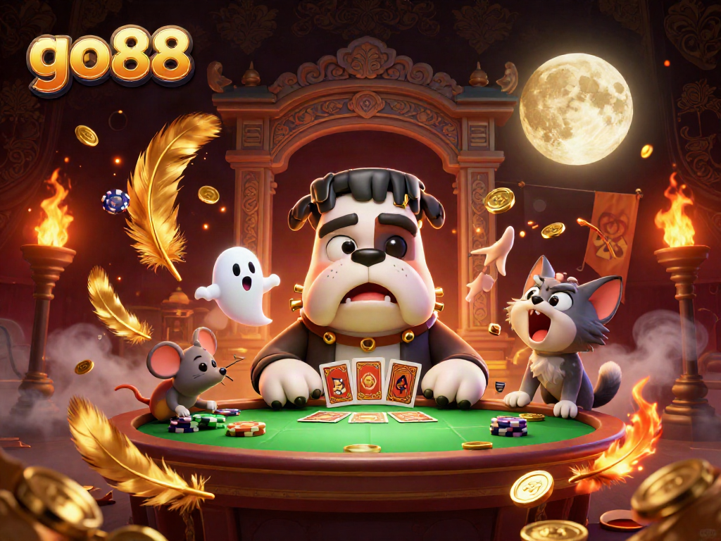 go88 captures an exciting casino scene with a cartoon bulldog dealing cards amid vibrant game elements.
