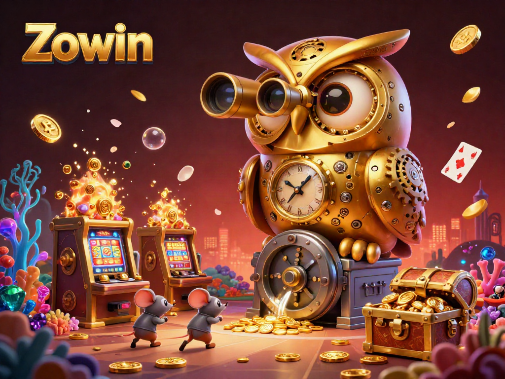 Zowin features a whimsical golden owl and wind-up mice amidst vibrant casino games, illustrating online gaming excitement