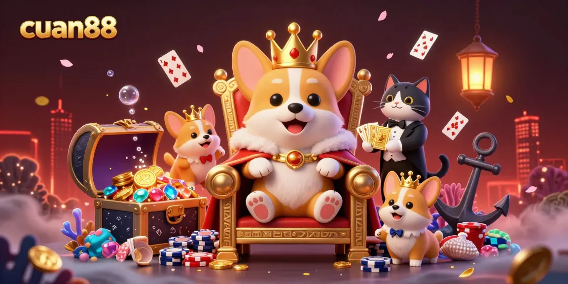 Experience thrilling gameplay with cuan88 featuring a royal corgi on a throne of poker chips amid floating cards and treasures.
