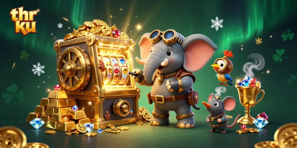 Spin the thrilling thr ku slot machine with an energetic steampunk elephant engineer amid a gleaming treasure scene.