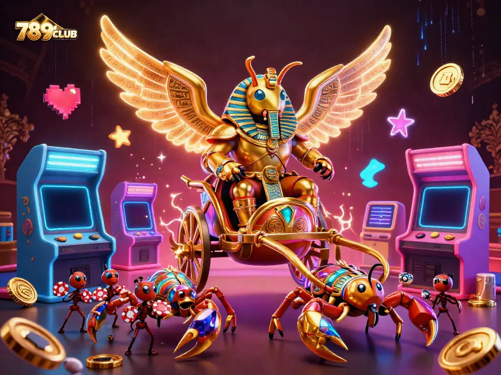 Engage with thrilling action at 789CLUB, featuring a majestic scarab and scorpions in a vibrant casino scene.