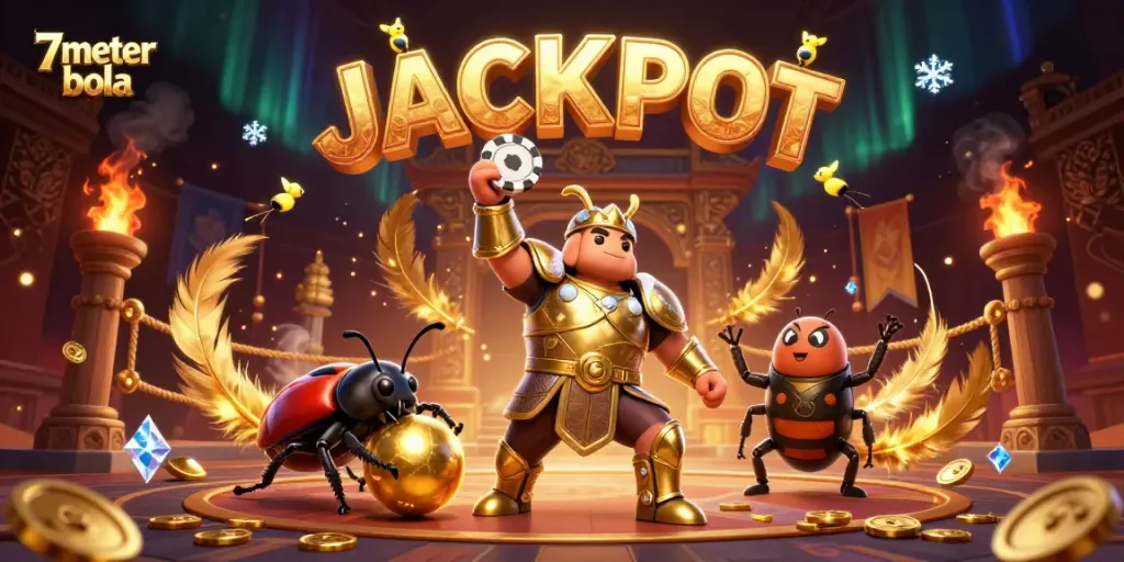 Capture thrilling moments with 7meter bola in this vibrant casino scene featuring a victory pose and dazzling effects.