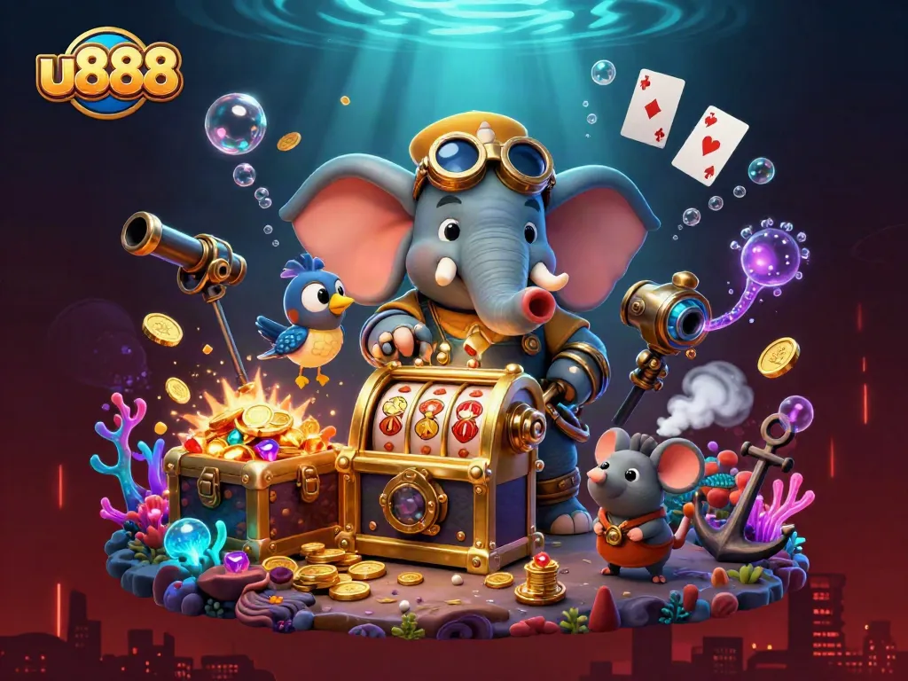 Spin to win with u888's vibrant 3D casino scene packed with steampunk characters and gaming treasures.