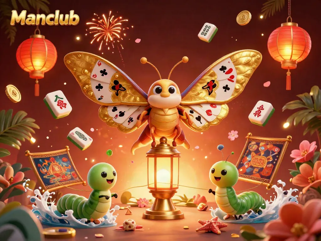Win big at Manclub with engaging casino animations featuring golden moths and vibrant gaming elements.
