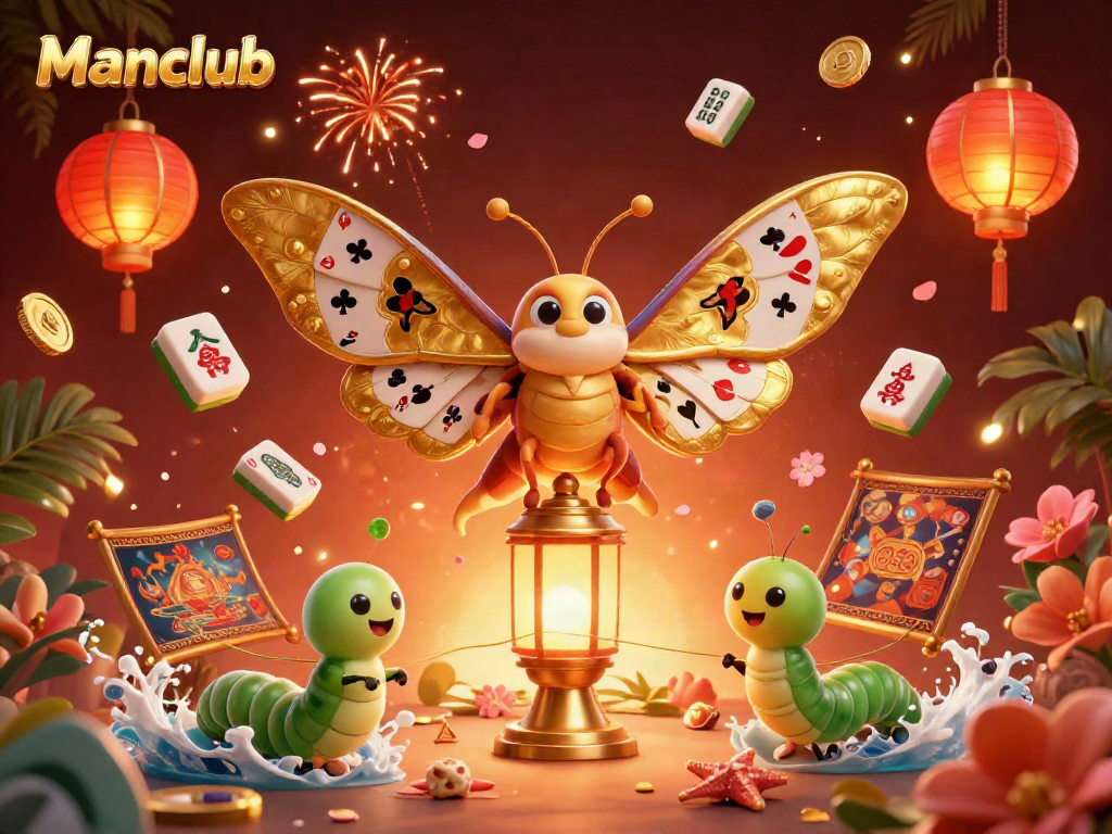 Win big at Manclub with engaging casino animations featuring golden moths and vibrant gaming elements.
